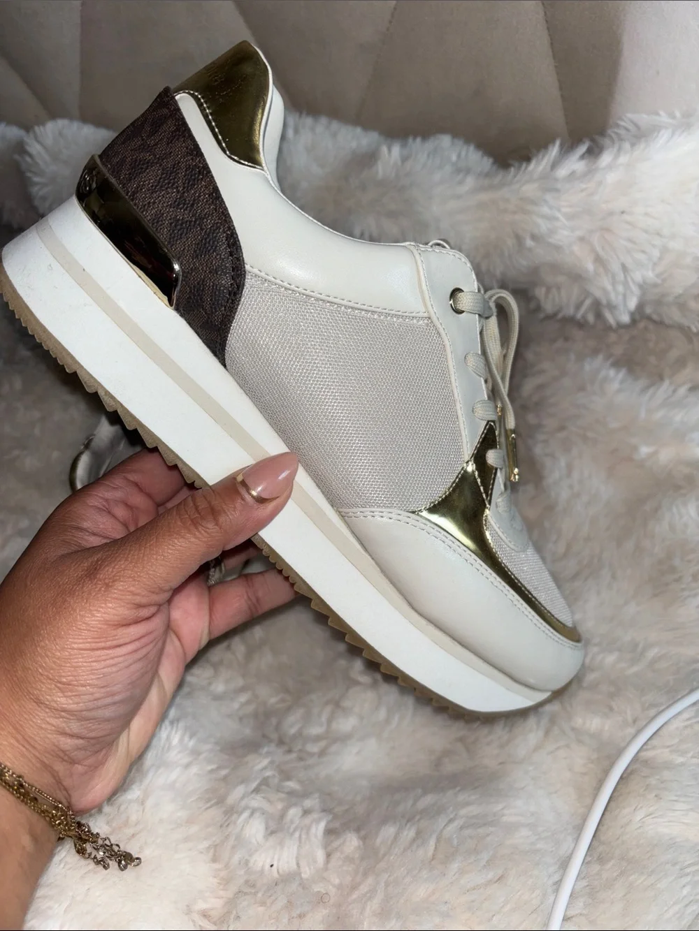 MICHAEL Michael Kors White and Gold Platform Sneakers